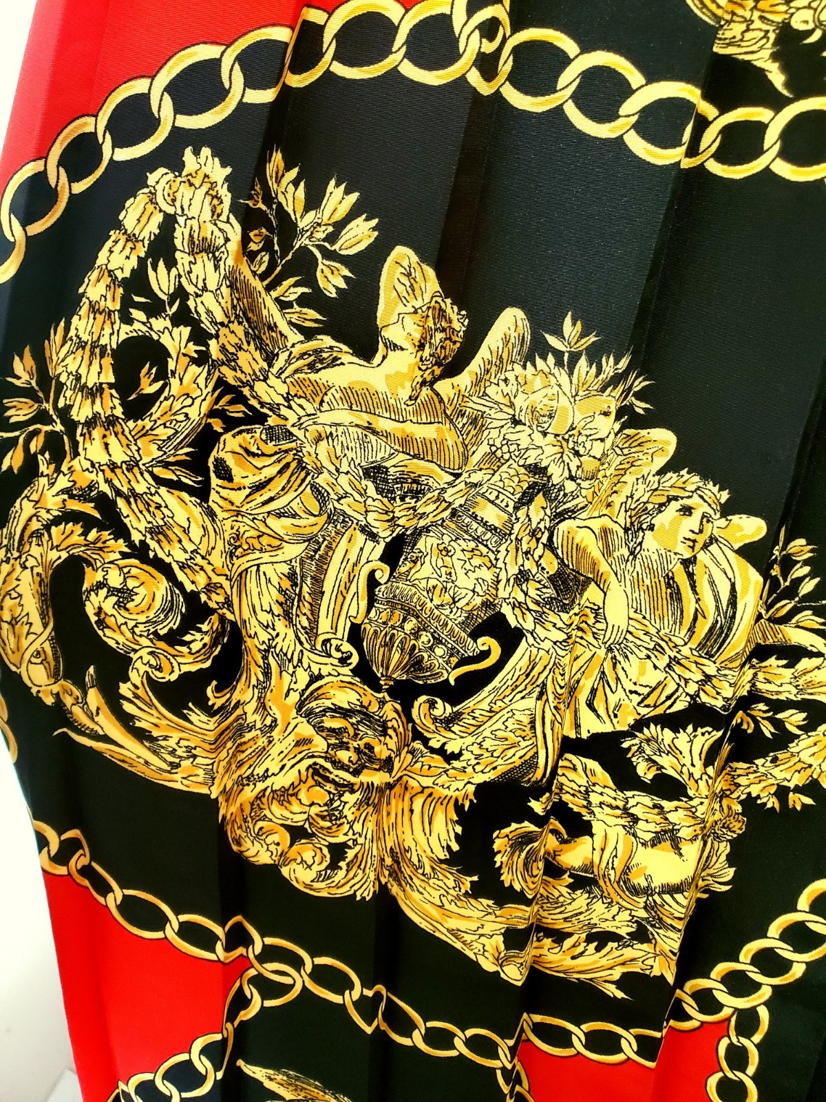 Vintage Baroque Chain Print Midi Skirt Elastic Waist Red Black Gold Size L XL