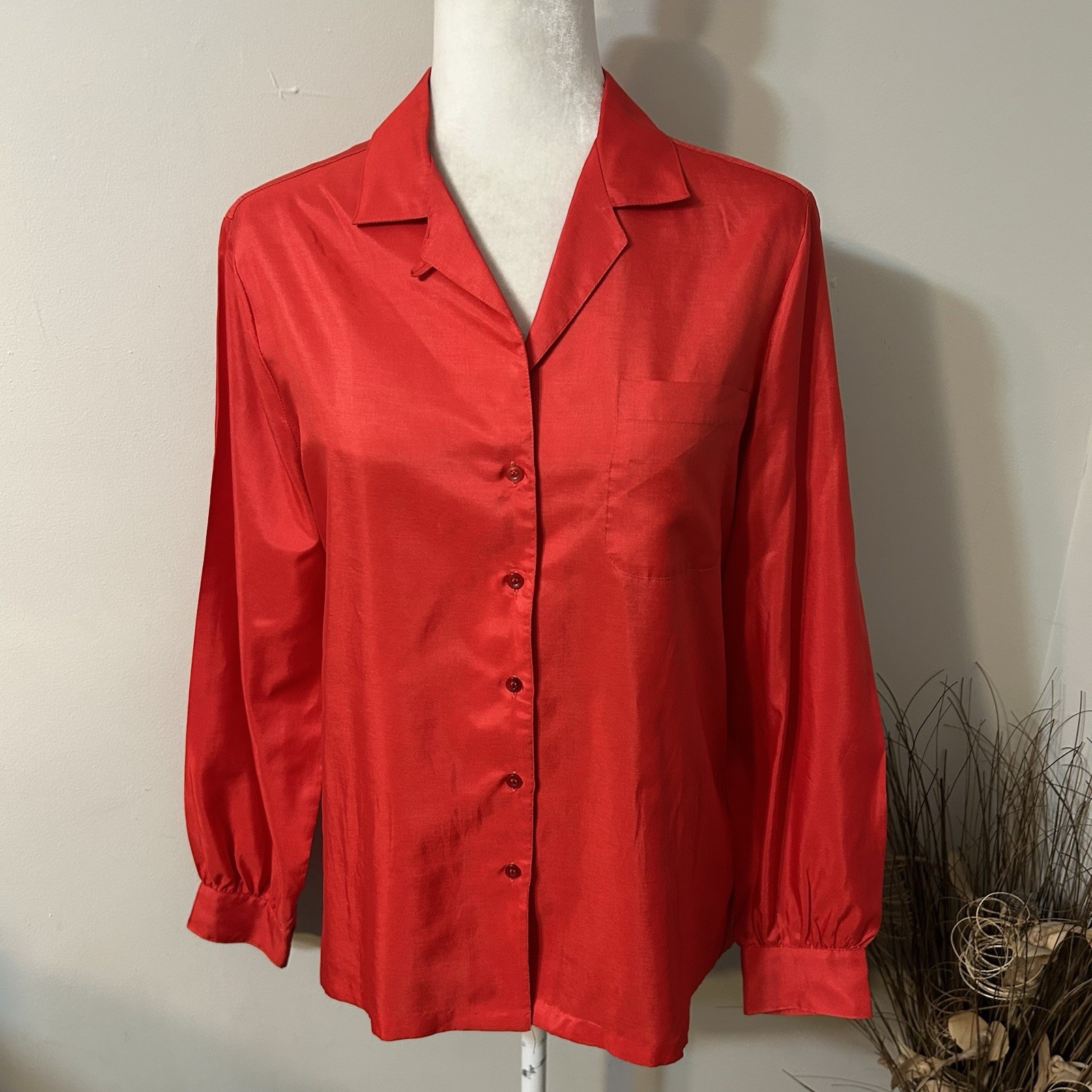 Vtg Silkhana Supreme by Lady Manhattan Button Up Blouse Red Long Sleeve Sz 12