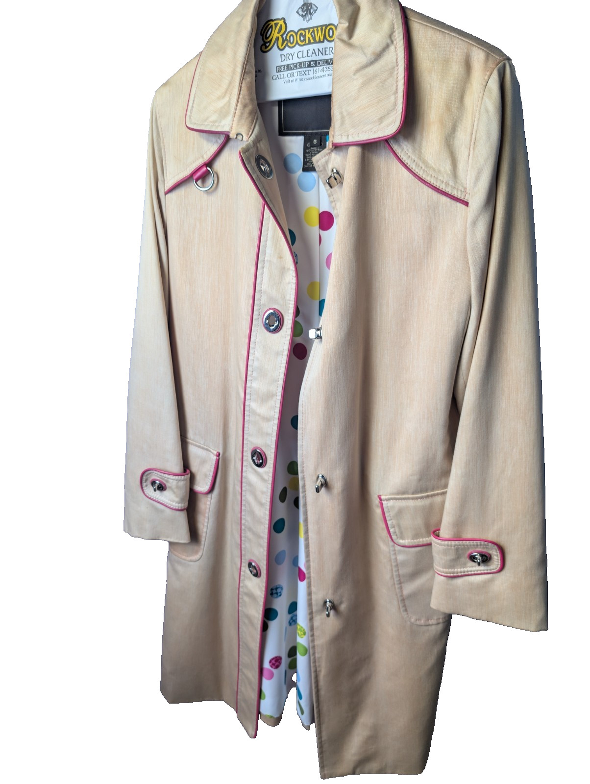 Coach Trench Coat Size 6 Tan Cotton Legacy Polka Dot Multi Lining Pink Trim READ