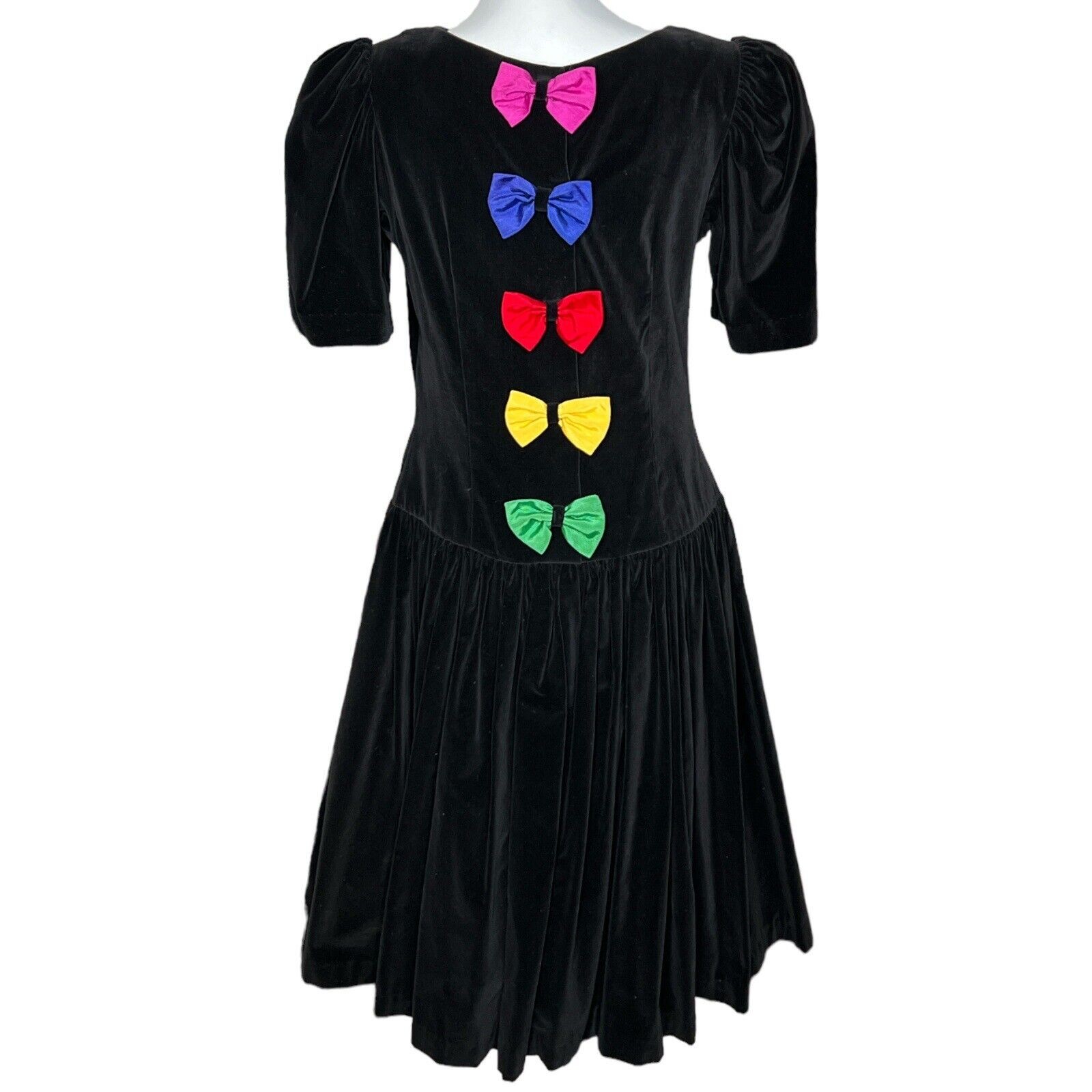 80s Misty Lane Black Velvet Drop Waist Multicolor Bow Back Vintage Dress 11/12 S