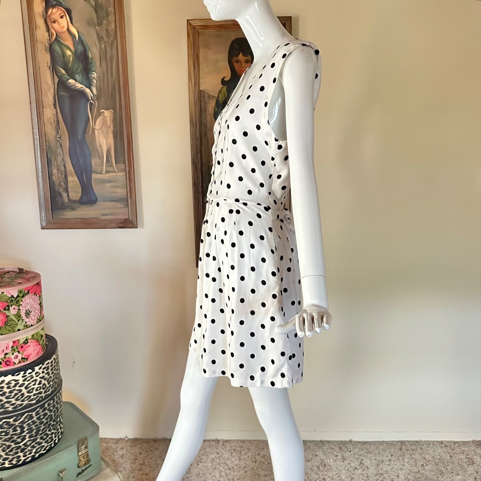 Vintage 1980s B&W Polka-dot Shorts Romper Rockabilly Pin-up Playsuit L Volup