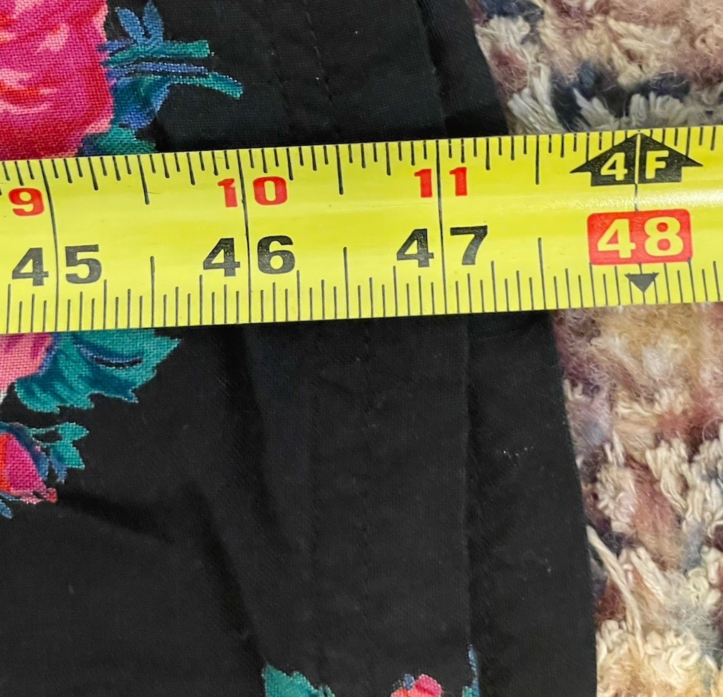Vintage 80s Peppers Black Pink Rose Print Midi Dress M Rayon Drop Waist LS
