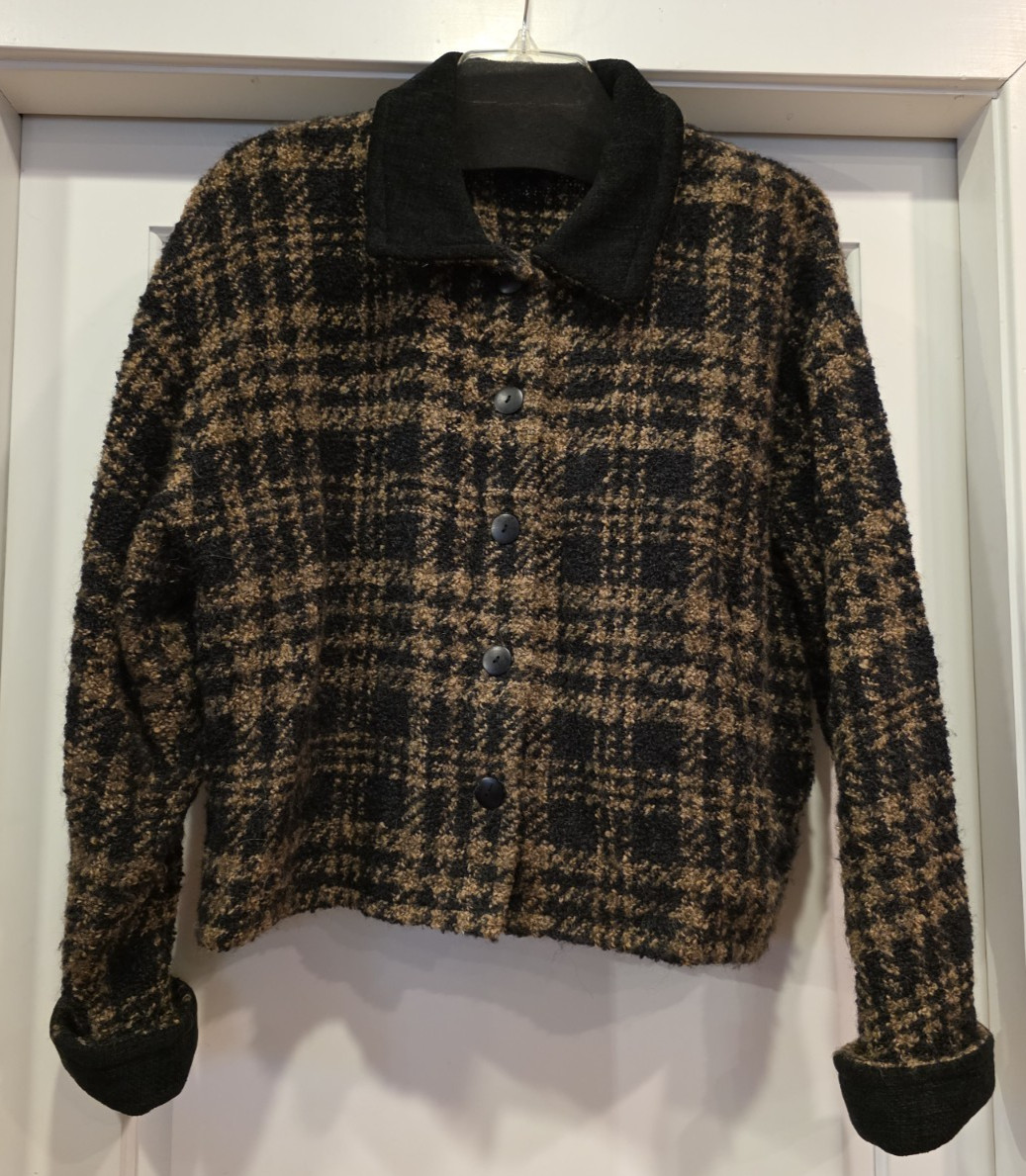 VTG Weave Of The Irish Jacket/Cardigan Plaid Black Brown Womens Large FREE S&H