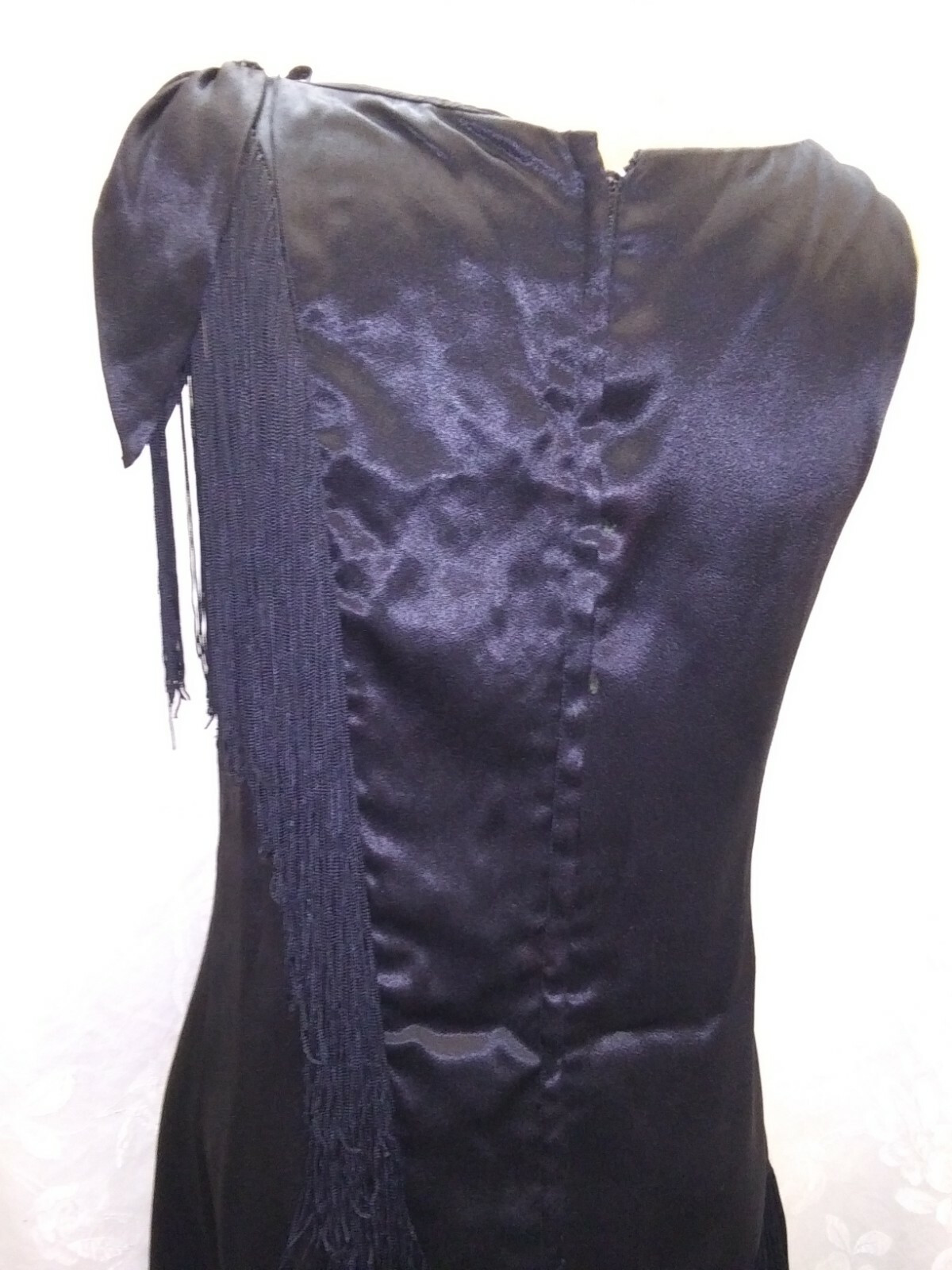 Vintage 1960’s Retro 30’s Black Rayon Satin Fringe Flapper Dress Size S/M