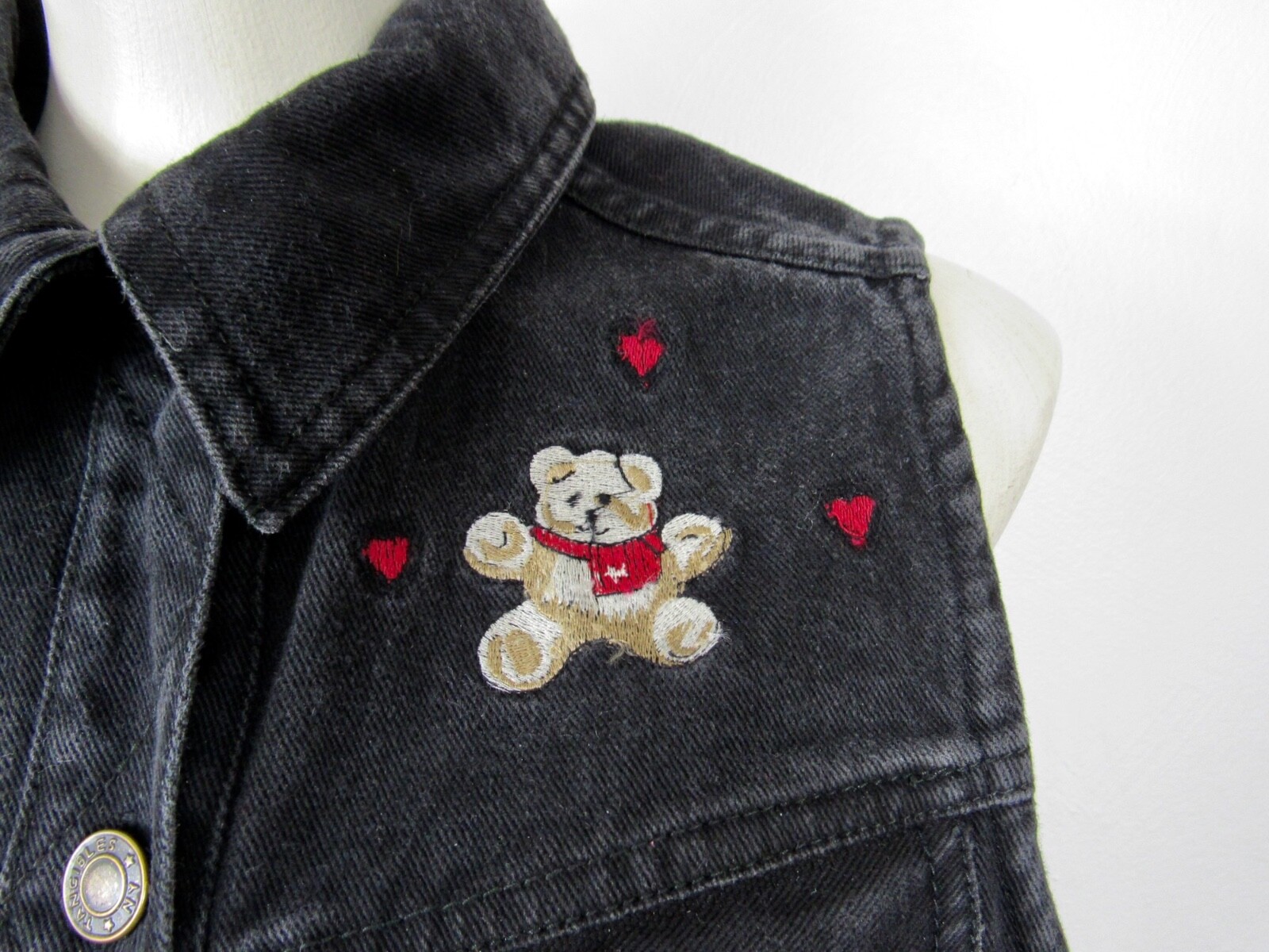 Vintage 90s Tangibles Black Denim Vest / Sleeveless Jean Vest Embroidered Bear