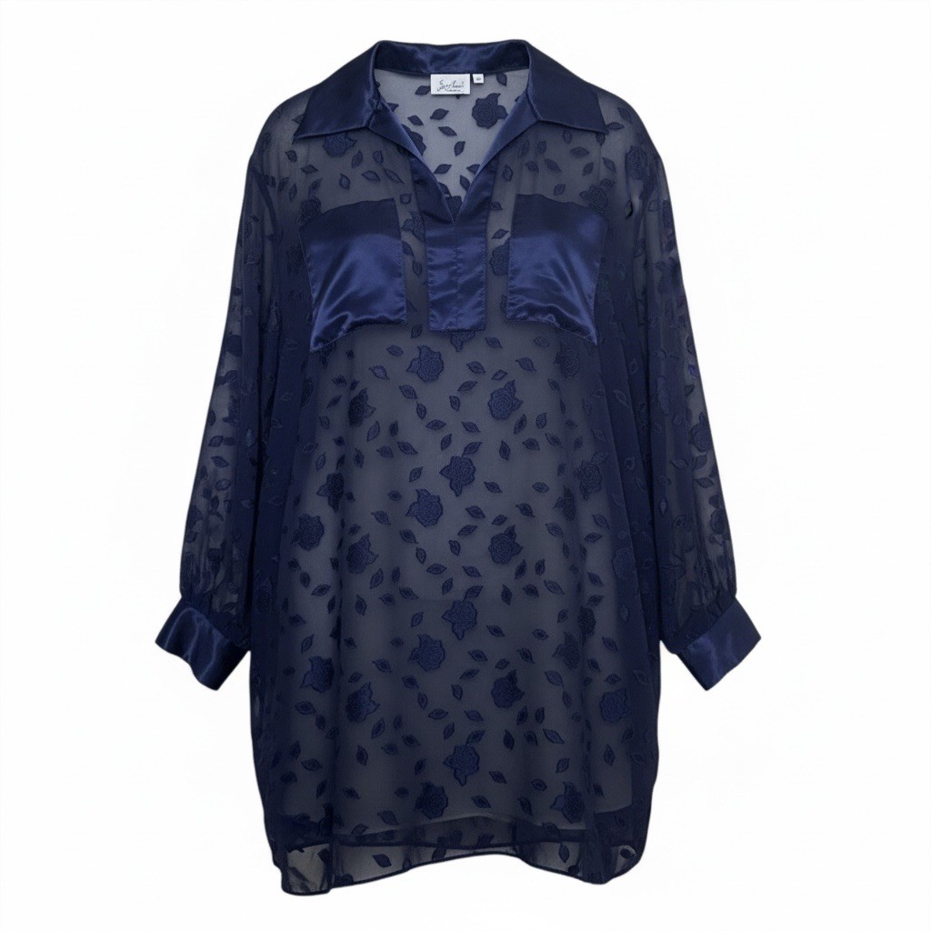 Vintage Lucie Ann Navy Sheer Floral Satin Collar Blouse Long Sleeve USA L Luxury