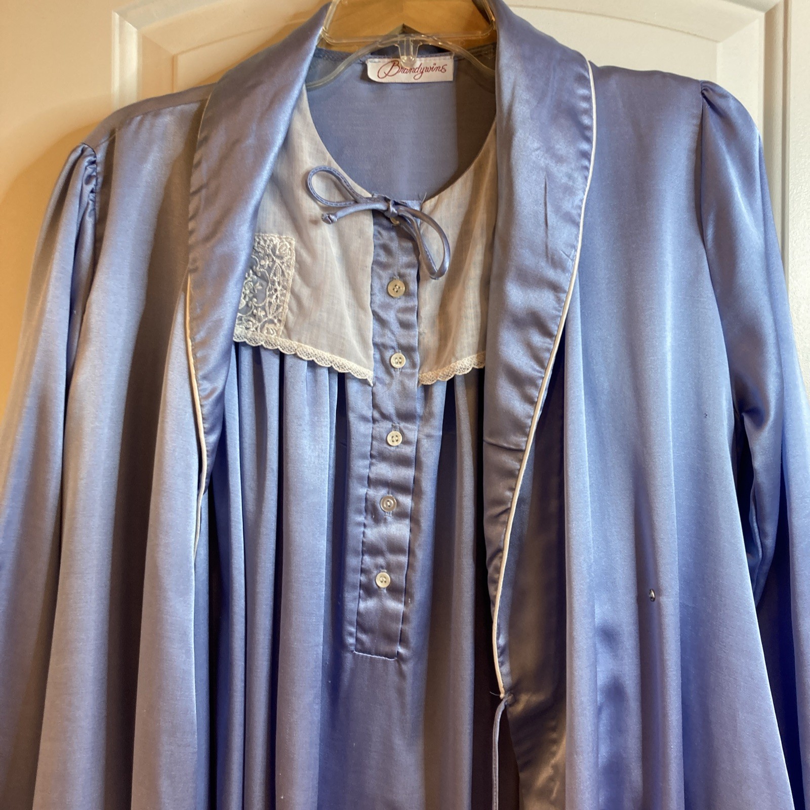 Vintage Brandywine Blue Satin Long Nightgown & Matching Robe Lace Retro MCM M/L