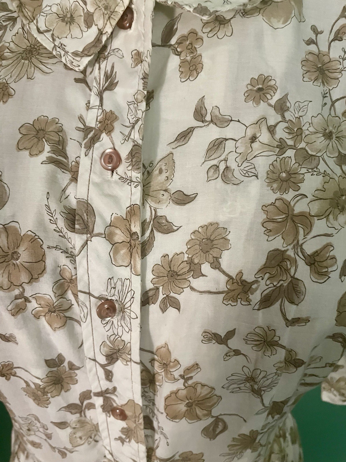 Vintage 1960s Cos Cob Cream Tan Floral Shirtwaist Pleated Dress Womens 8 Cotton