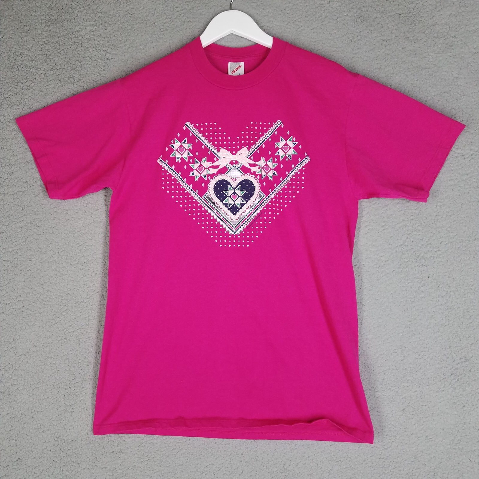 Vintage Jerzees T-Shirt Adult Large Hot Pink Hearts Bow Granny 1994 Crewneck