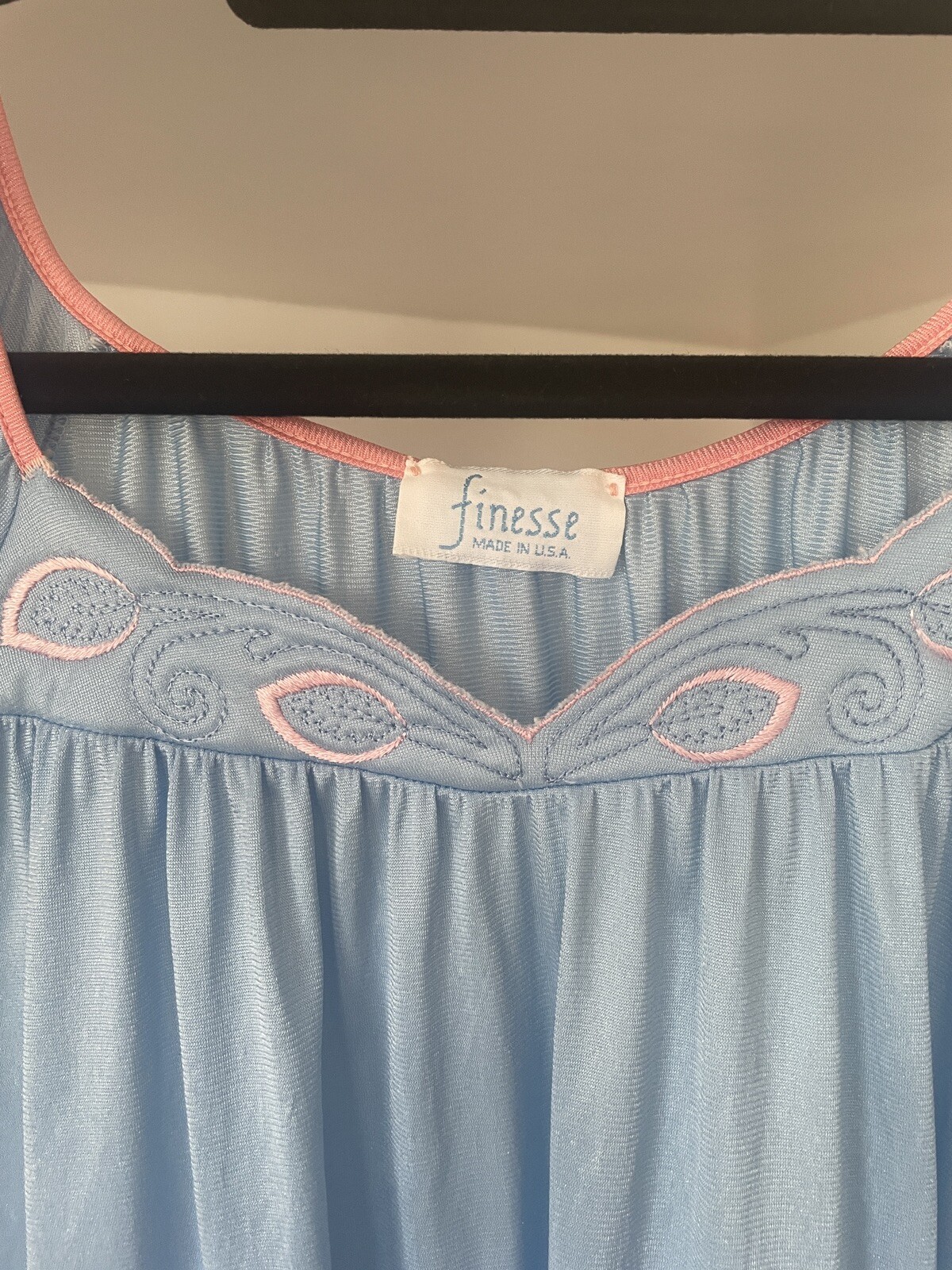 Finesse VTG Nightgown Nylon Embroidered Blue w/Pink Flowers S-L USA