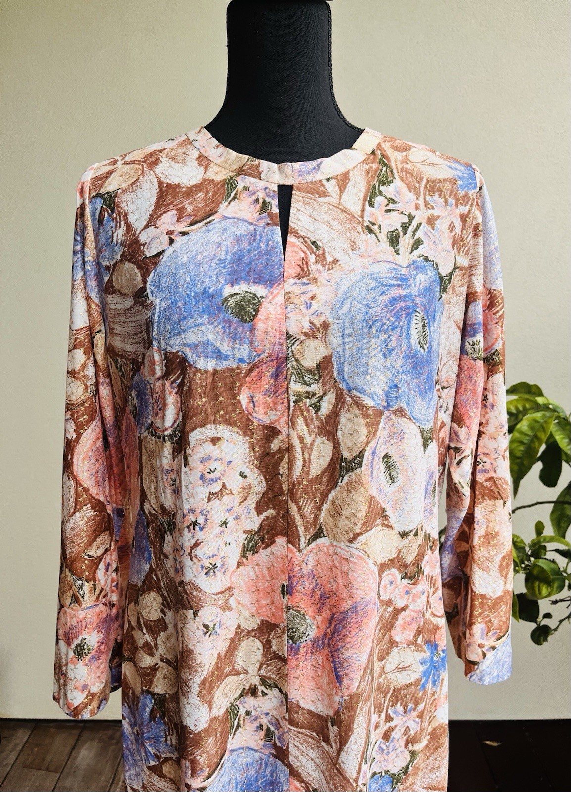 Vintage 70s Maxi Dress Long Sleeve Boho – British Lady – Gold Coral Blue Medium