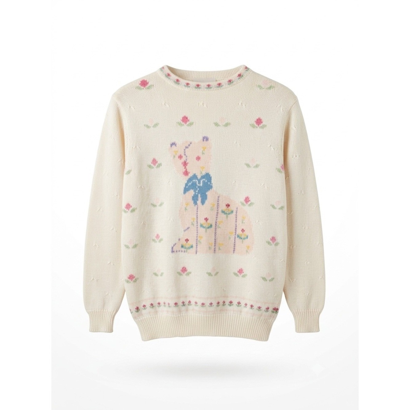 Vintage 80s 90s Abercrombie & Fitch Cat Sweater Floral Grandmacore Cottagecore