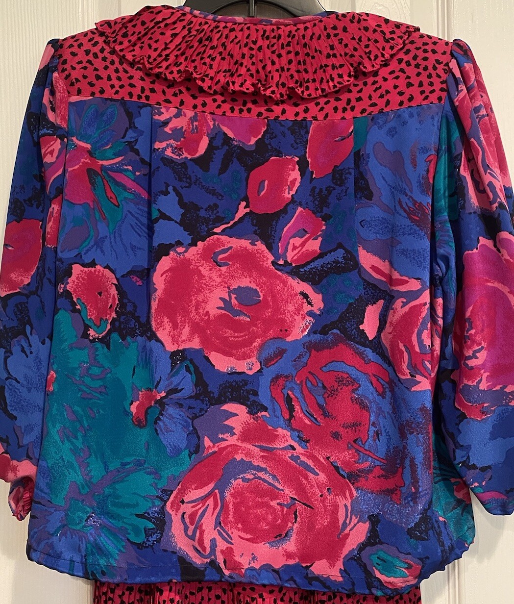 Vtg Assorti Susan Freis Pink Animal Print Pleated Dress 2 Pc Sz S Tassels Ruffle