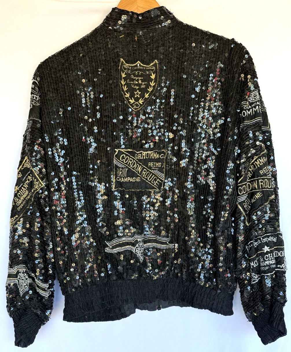 Vintage 80s MODI Silk Sequin Womens Jacket Champagne Label Size M Glam Maximalis