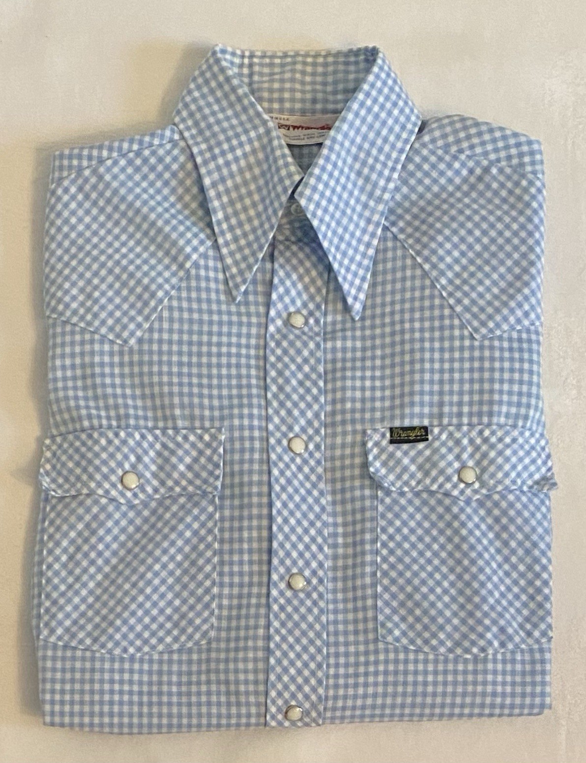 Vintage Wrangler Pearl Snap Western Shirt Womens Blue Gingham Size S Made In USA