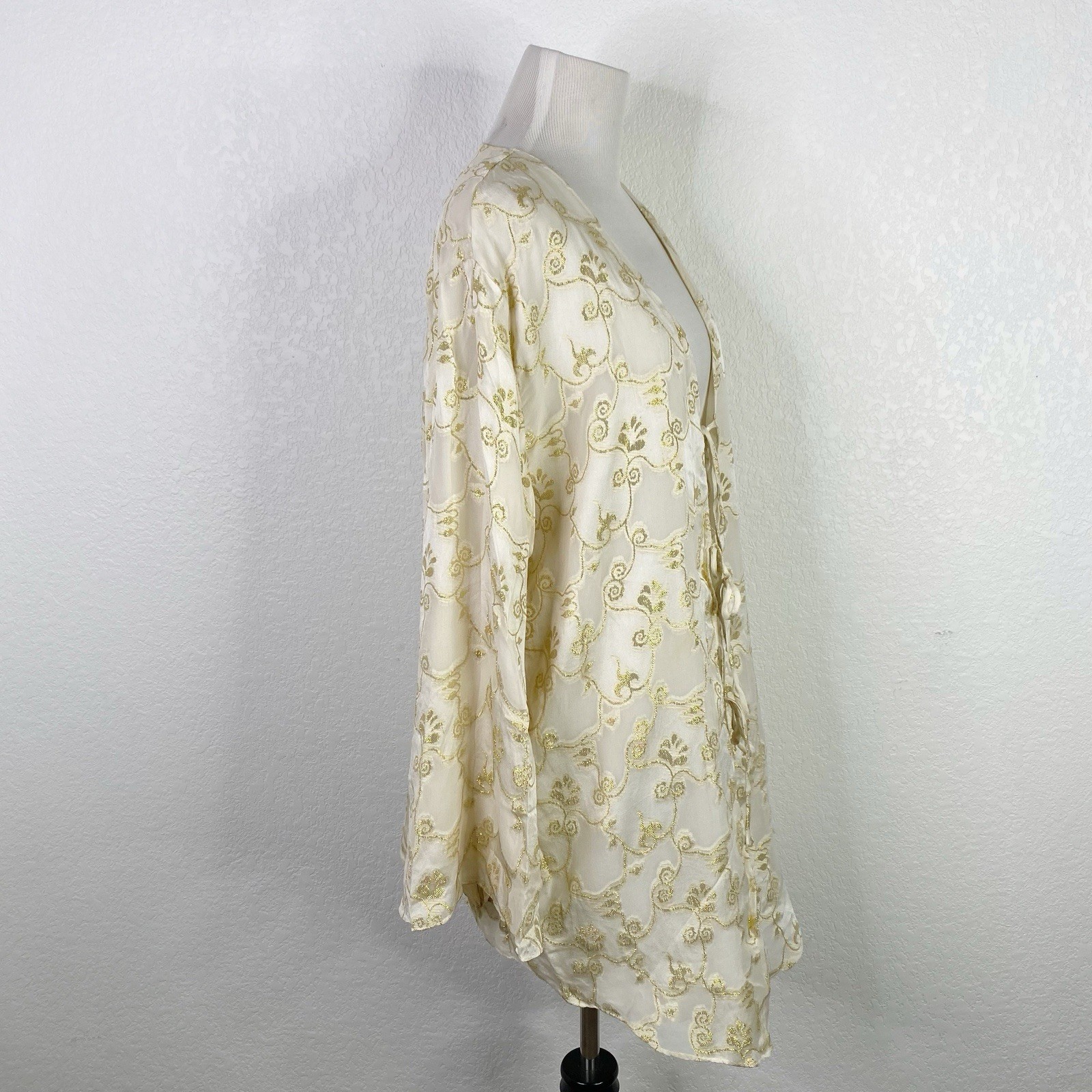 Vintage Lingerie Collection Womens Size Large 100% Silk Cream Gold Kimono Robe