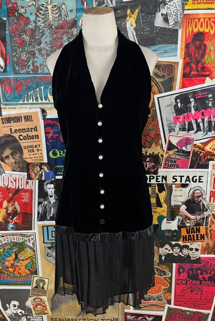 Vtg 90s Black Velvet Drop Waist Pearl Button Halter V-Neck Cocktail Dress