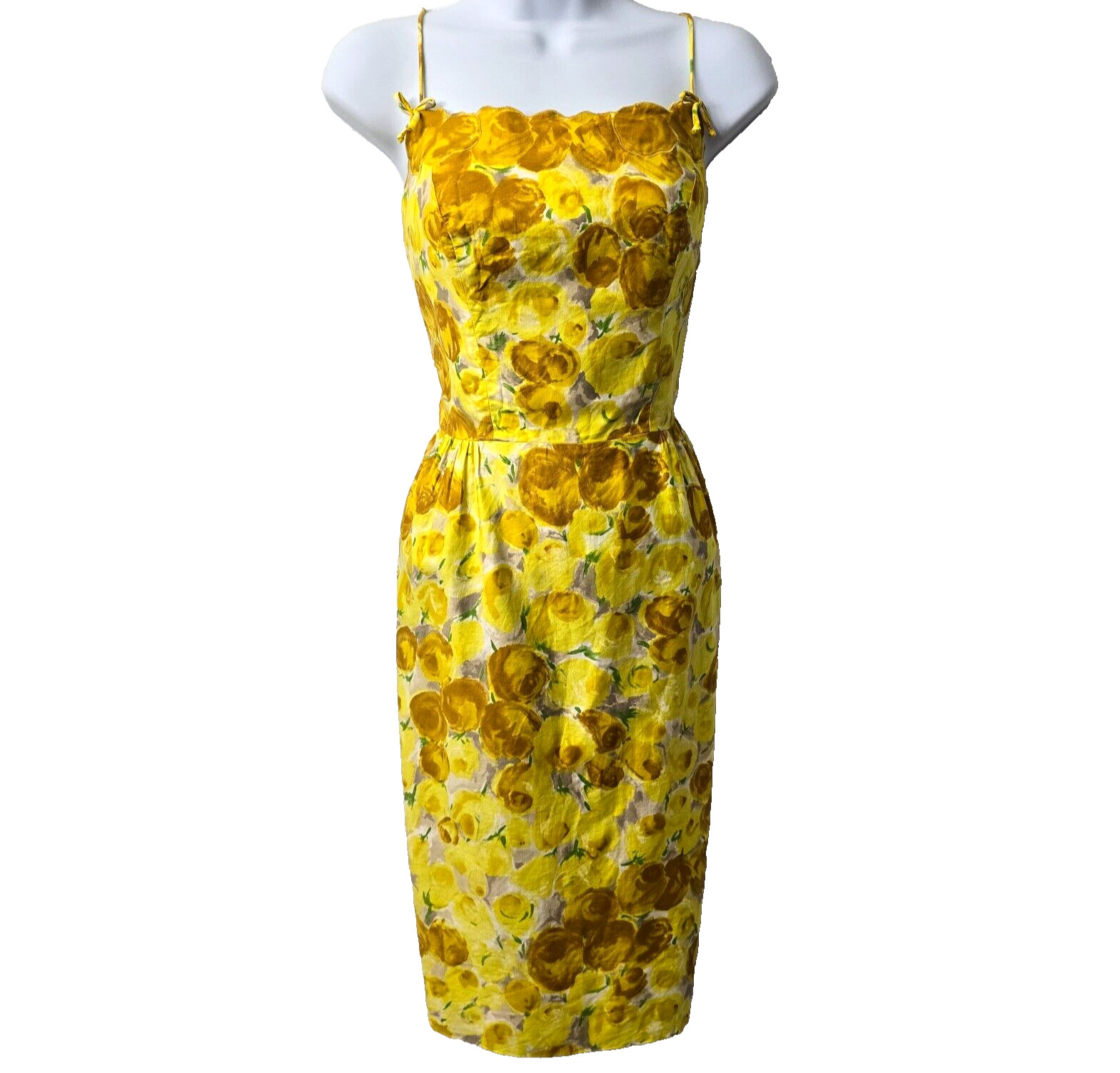 Vintage Rose Wiggle Dress XS S Yellow Floral Pinup Rockabilly Jeanette Alexander