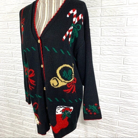 Vintage Style Studio Christmas Cardigan Sweater Size Large Ornaments Candy Cane
