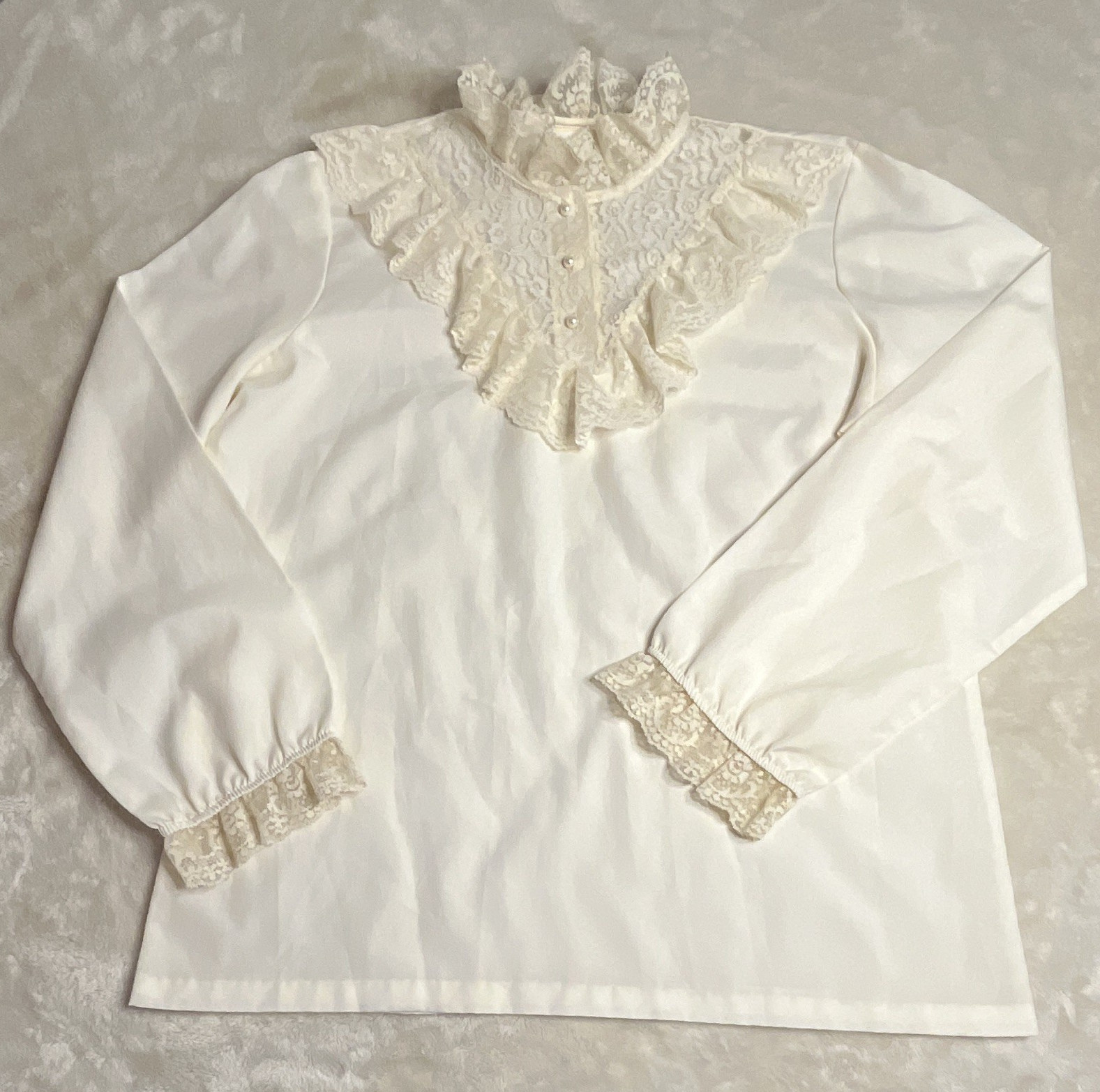 Sears Vintage White/Ivory Lace Ruffle High Neck Long Sleeve Blouse Size 16