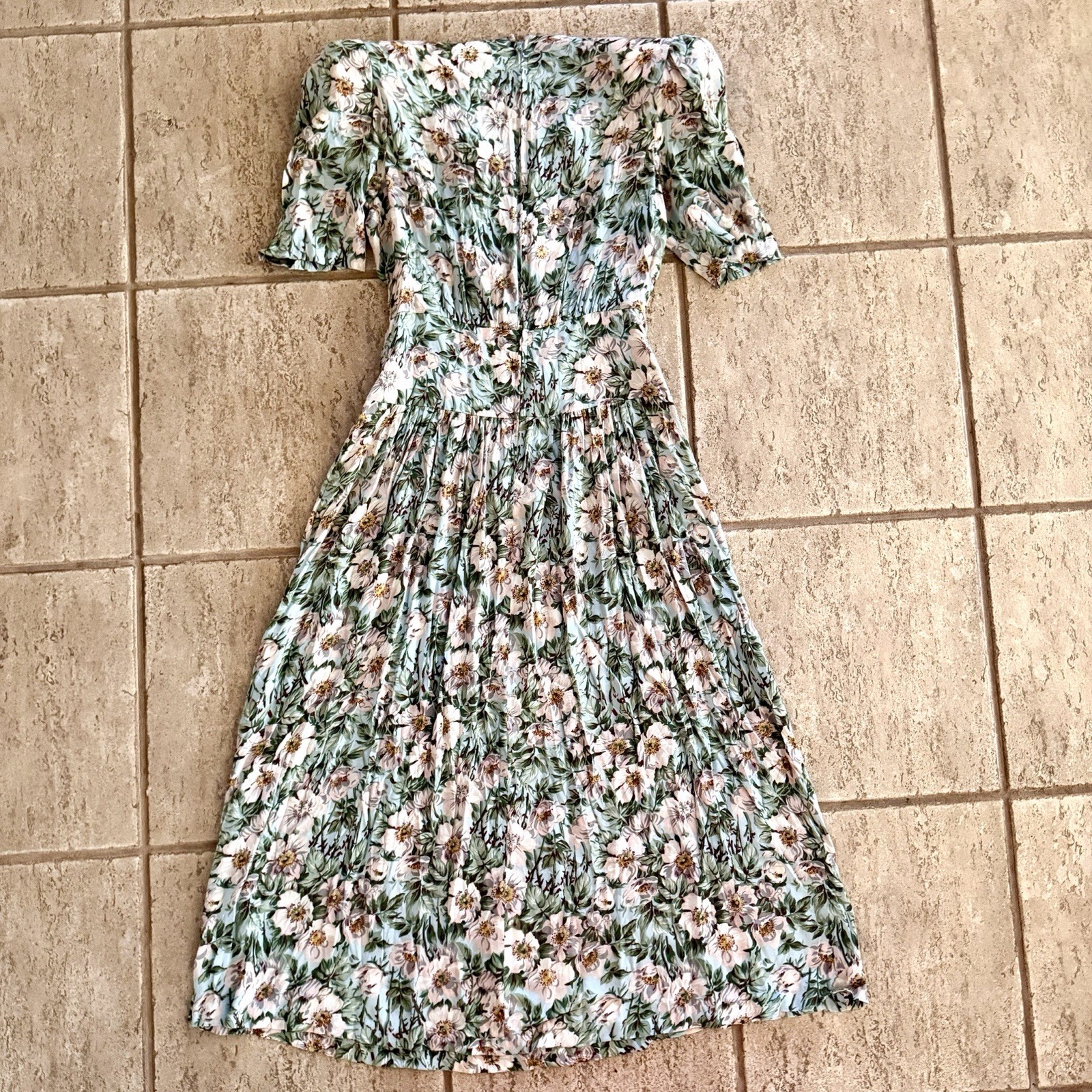 80s Cottagecore Sz 6 Prairie Dress Lace Collar Mint Floral Secretary Vintage