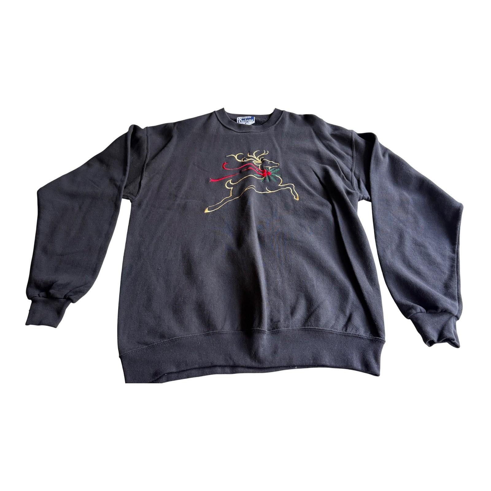 Vintage 90s Reindeer Sweatshirt Black Embroidered Holiday Large