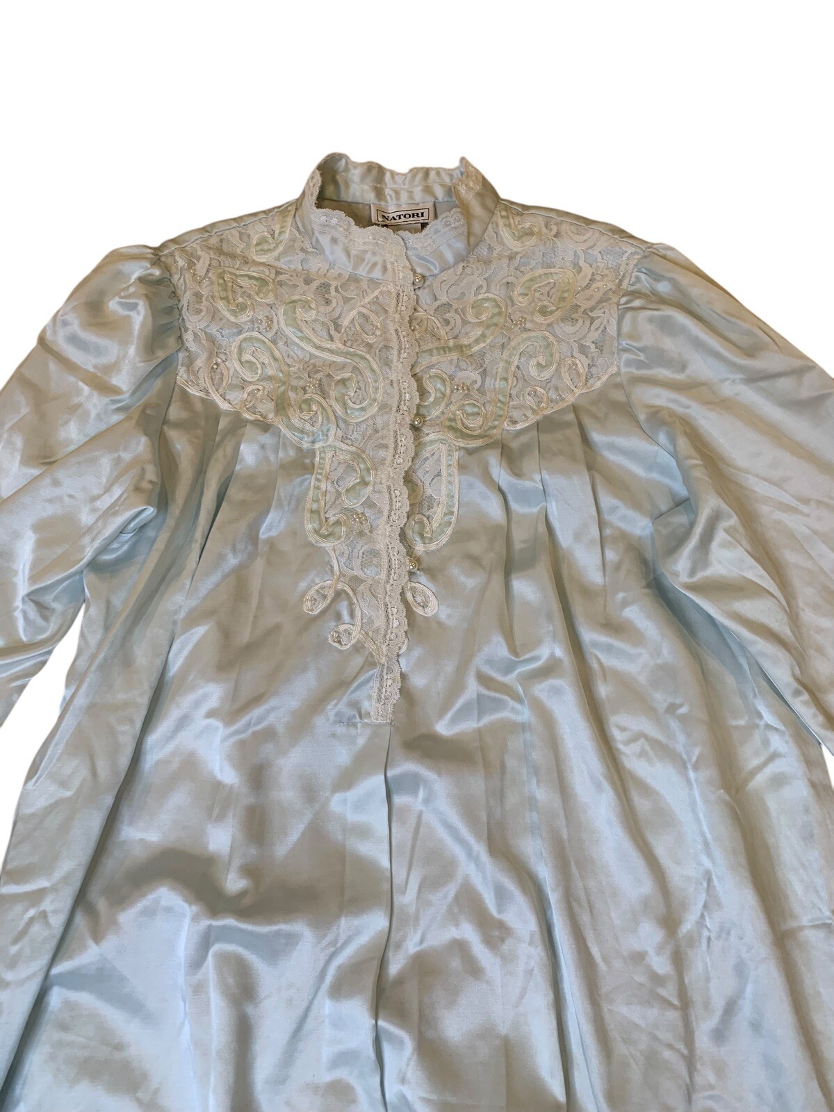Natori Vintage Satin Nightgown Light Blue Lace Embellishment Faux Pearl Buttons