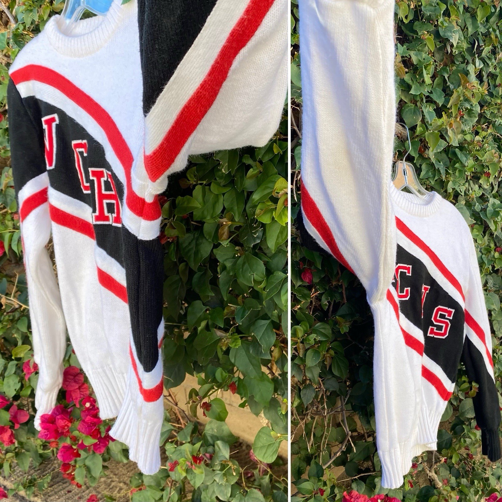 Vintage 80s Dehen Cheerleader Sweater WCHS White Black Red Acrylic Knit Size M