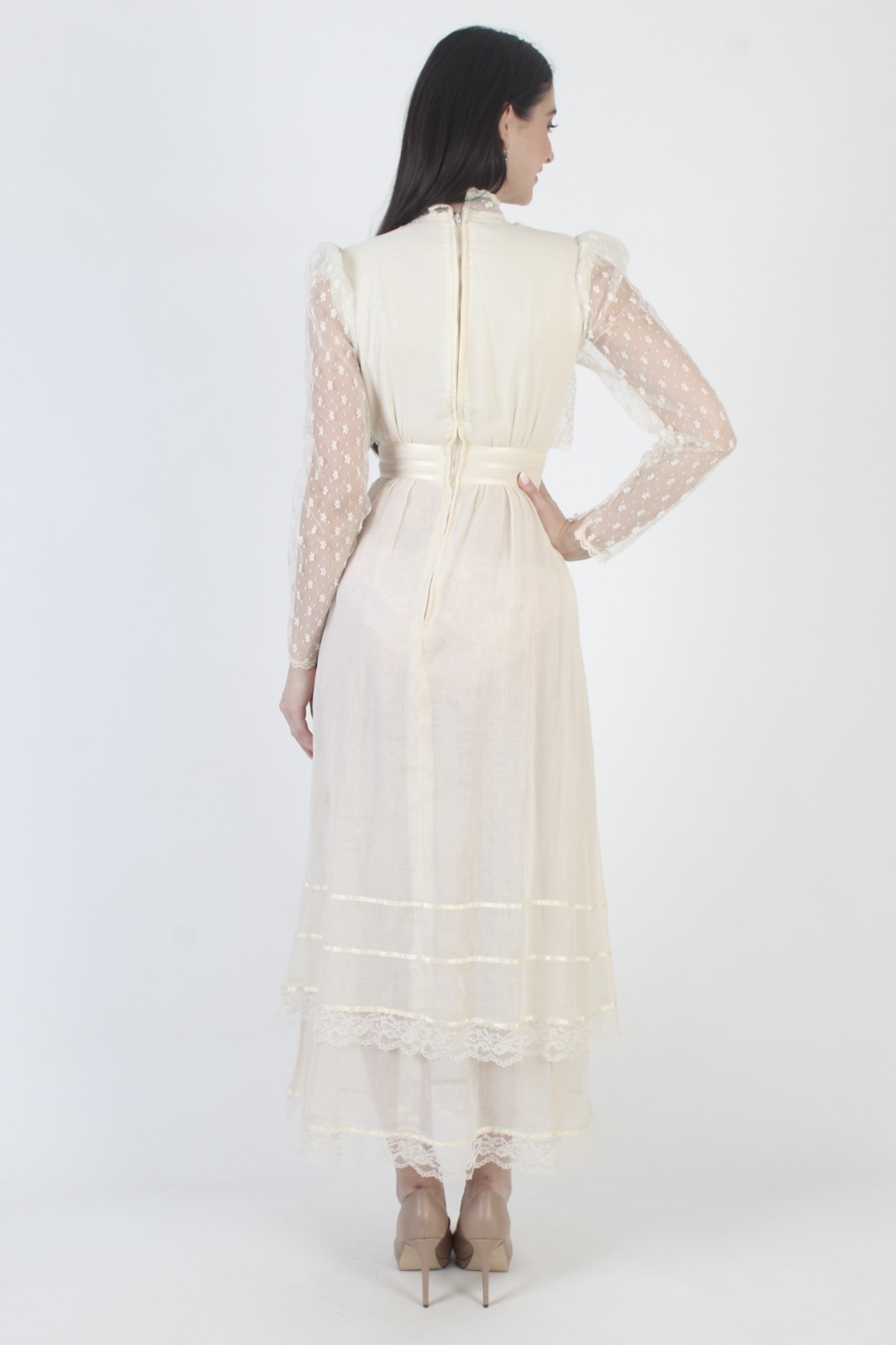 Vtg 70s Candi Jones California Dress Prairie Ivory Boho Wedding Victorian Gown