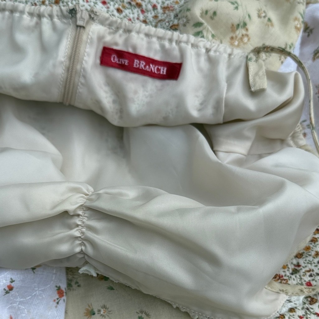 Vintage Olive Branch patchwork lined Floral Patchwork Dress – Cream and White sm