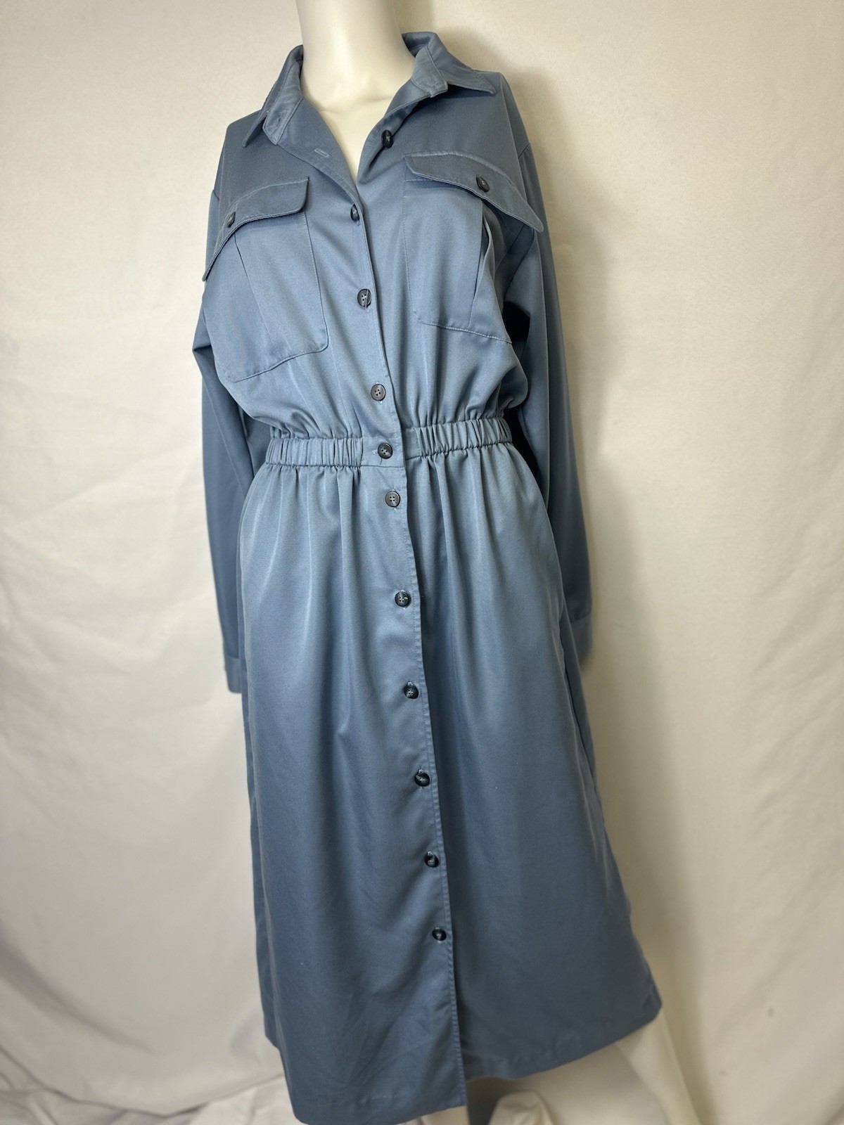 Vintage Norm Thompson Blue Button-Up Dress, size Med Cinch Waist Collared