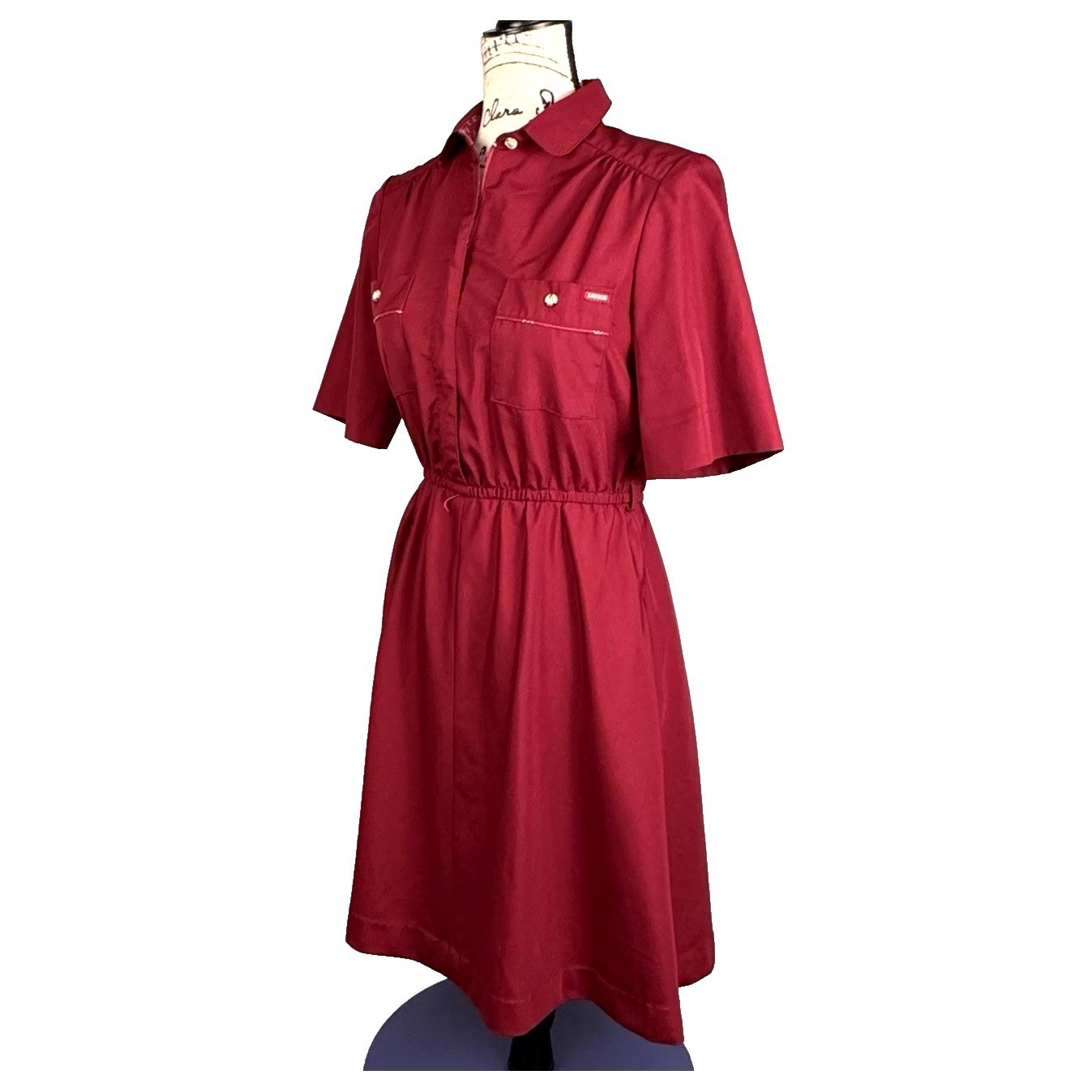 Sasson Short Sleeve Shirt Dress Vtg 70’s Maroon Paisley Trim Cotton Retro Preppy
