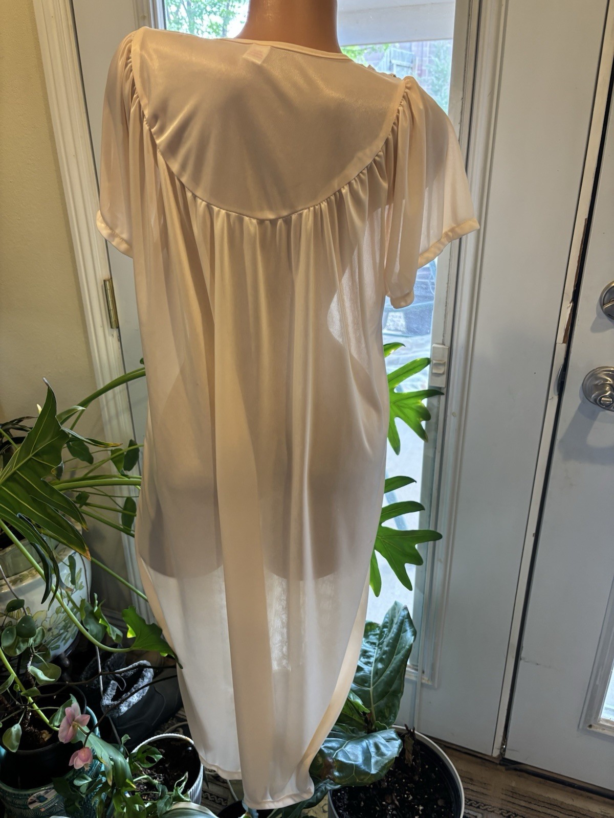 Vtg Satin Soft CreamSickle Shiny Silver Sequins Gown Sheer Long Dress Nightgown