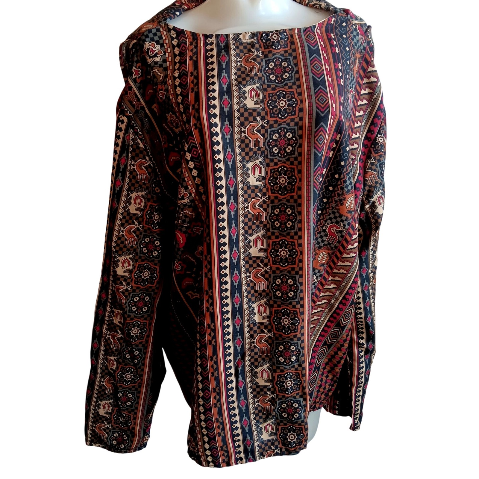 XXL True Vintage Top 1970’s Bohemian Geometric Print Long Sleeve Blouse handmade