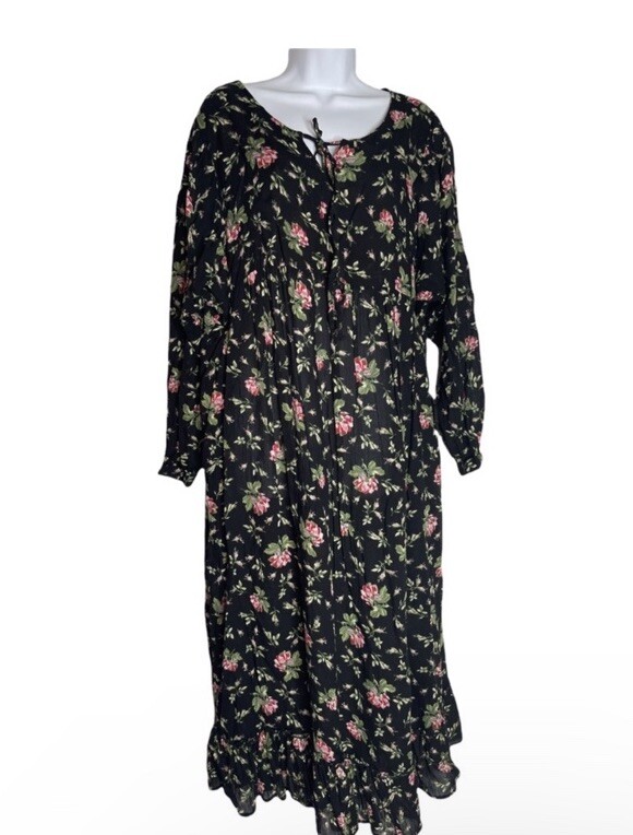 Vintage Black Ditsy Floral Rayon Midi Retro Relaxed Ruffle Hem Dress Large