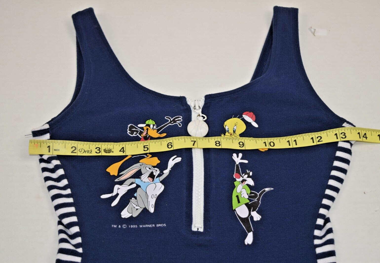 Vintage Jumper Size S/M 90s Looney Tunes Blue White Side Stripes Zip c.1995