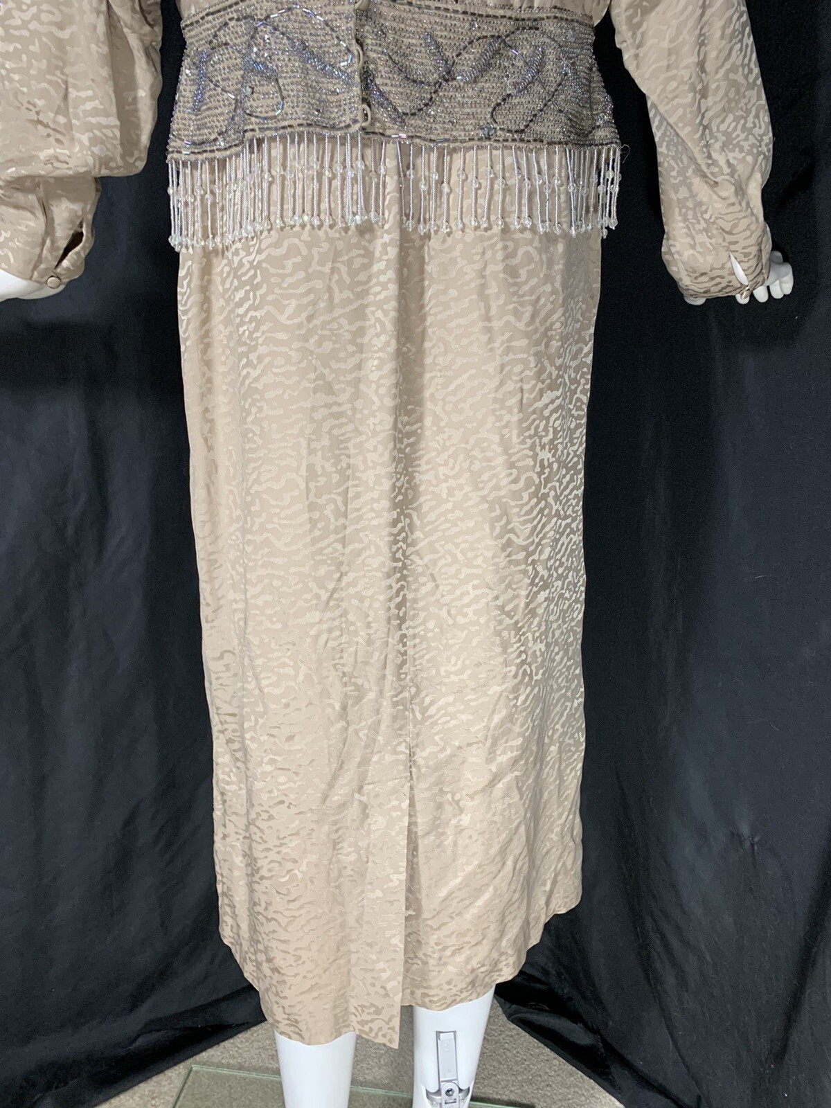 Vintage Heavy Beaded Dynasty Taupe Silk Dress Designer D’ore Animal Print Sz 14