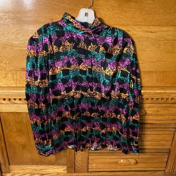 Lloyd Williams 100% Silk Blouse Vintage Abstract Animal Print Mock Neck Festival