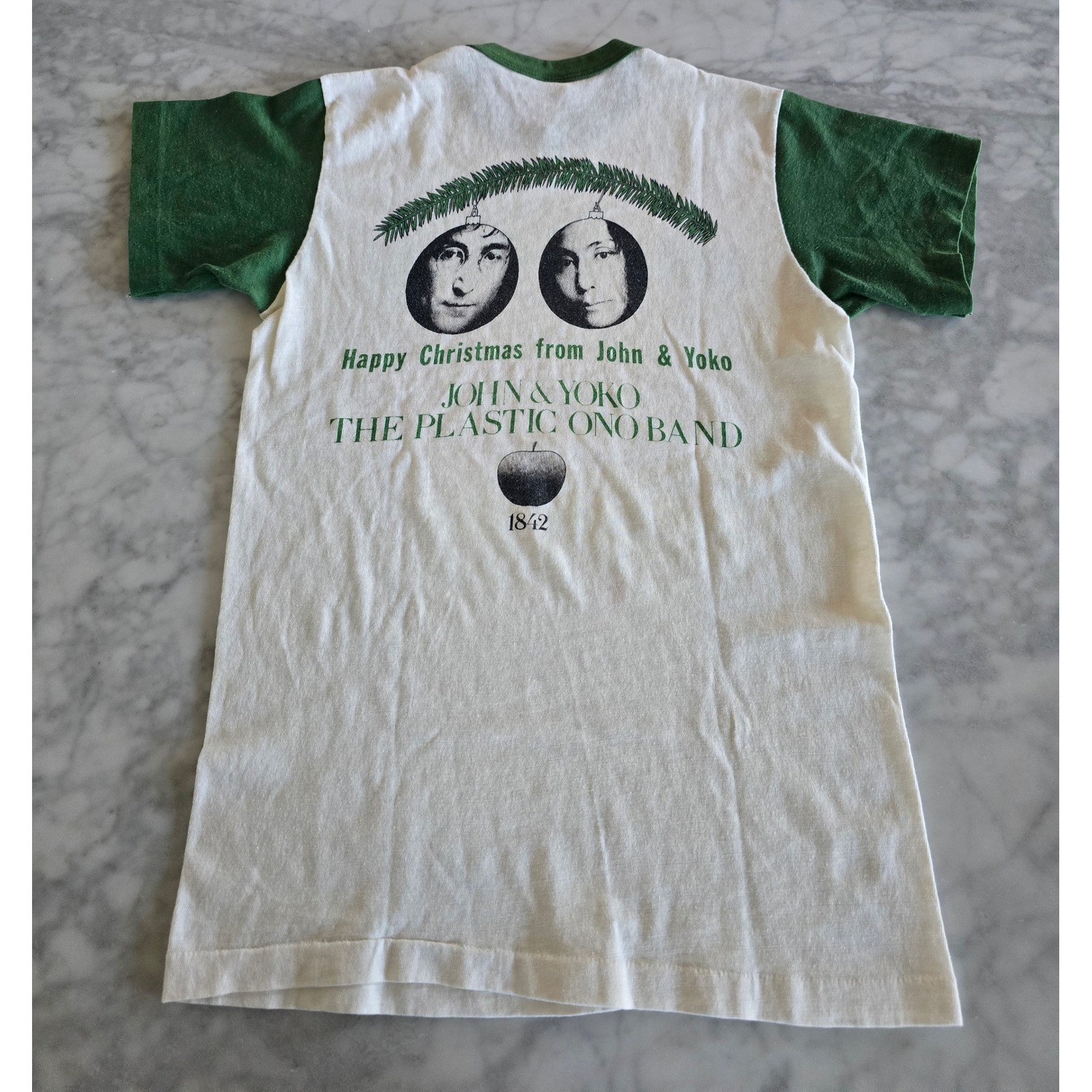 Vintage 70s Hanes John Lennon Yoko Ono War Is Over Ringer T-Shirt Green White S