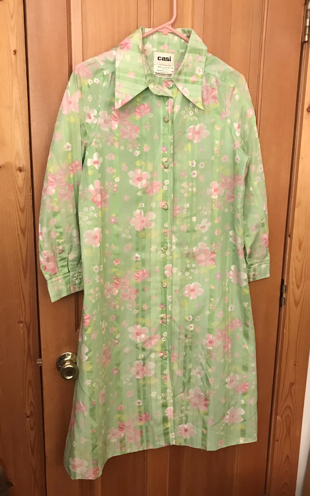 Vtg 1960’s Casi Green Pink Floral Dress British Colony Hong Kong Sz M/L