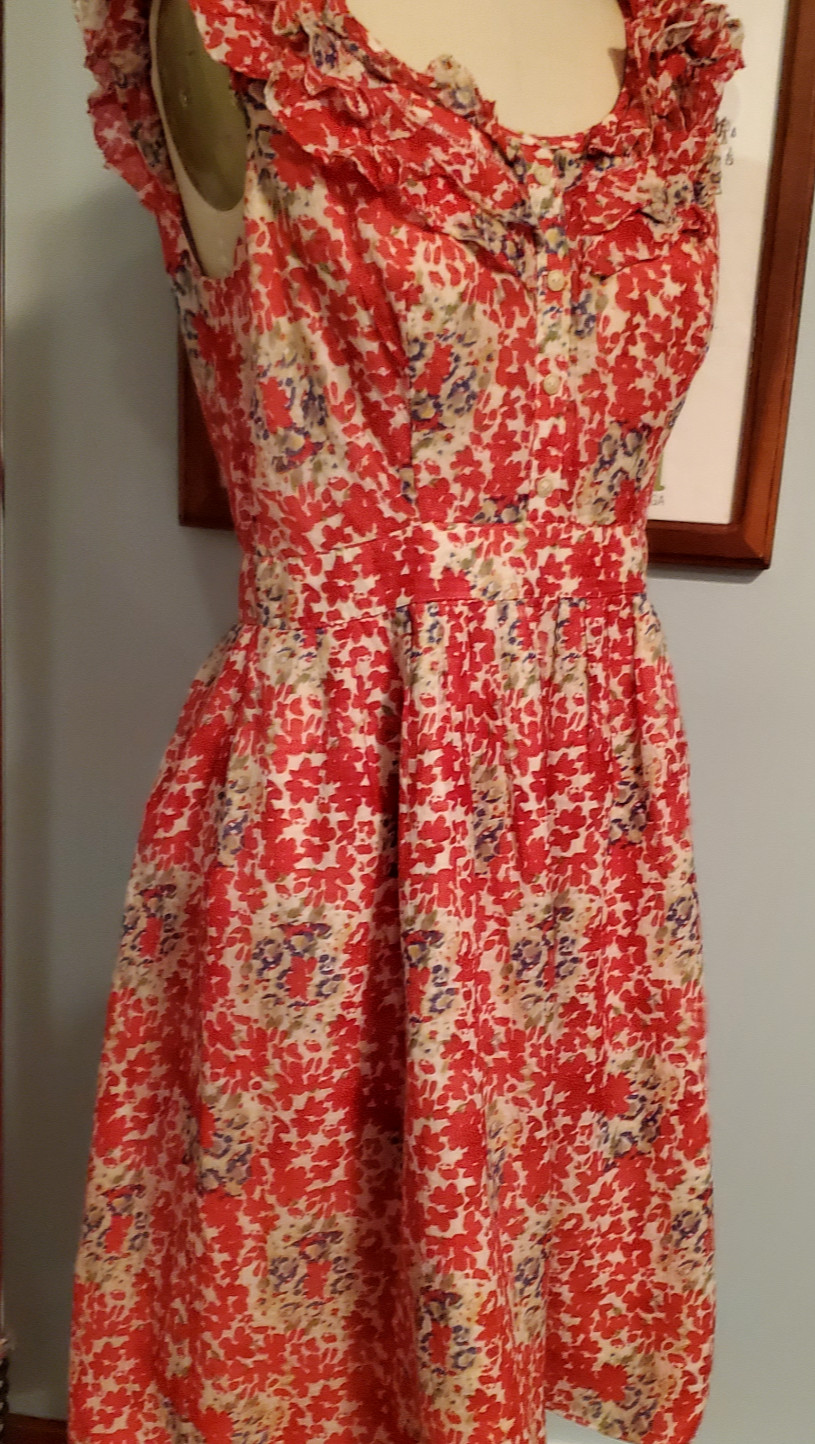 90s VTG Kay Unger Cotton + Silk Red Floral Patterened Dress w/ Frilled Collar