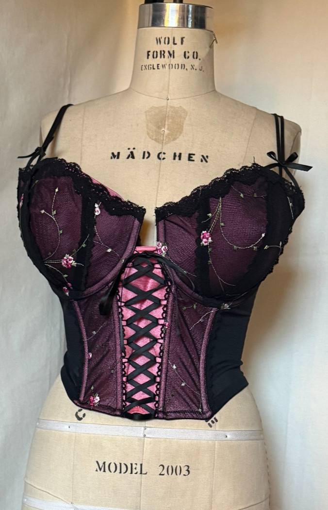LACE FRONT CORSET BUSTIER „ENCHANTED” SHEER BLACK NYLON w EMBROIDERED CUPS 42DD