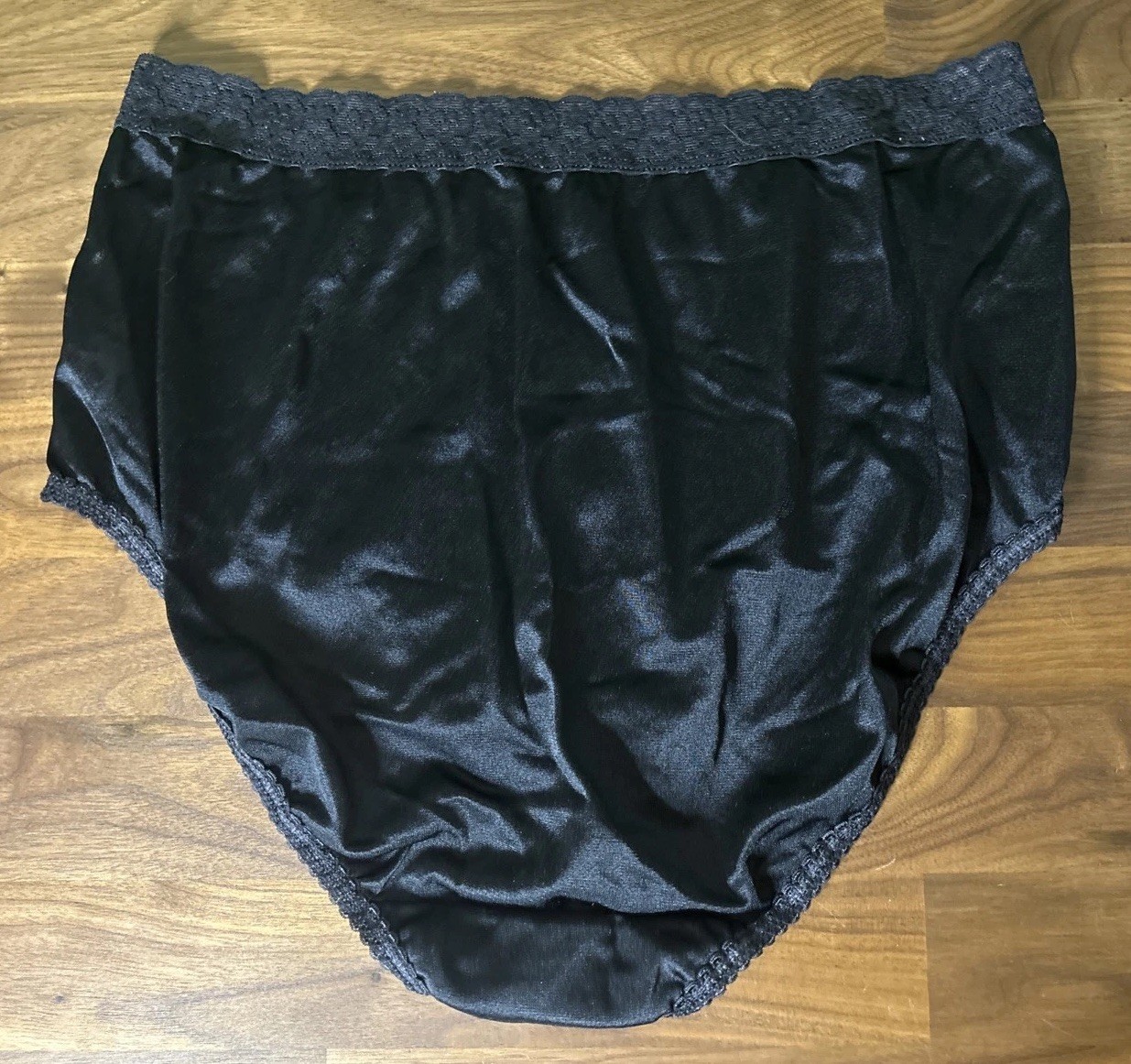 Vtg Fruit Of The Loom Panties Sz 8 Black Silky Nylon Lace Hi Cut Side Tag NOS