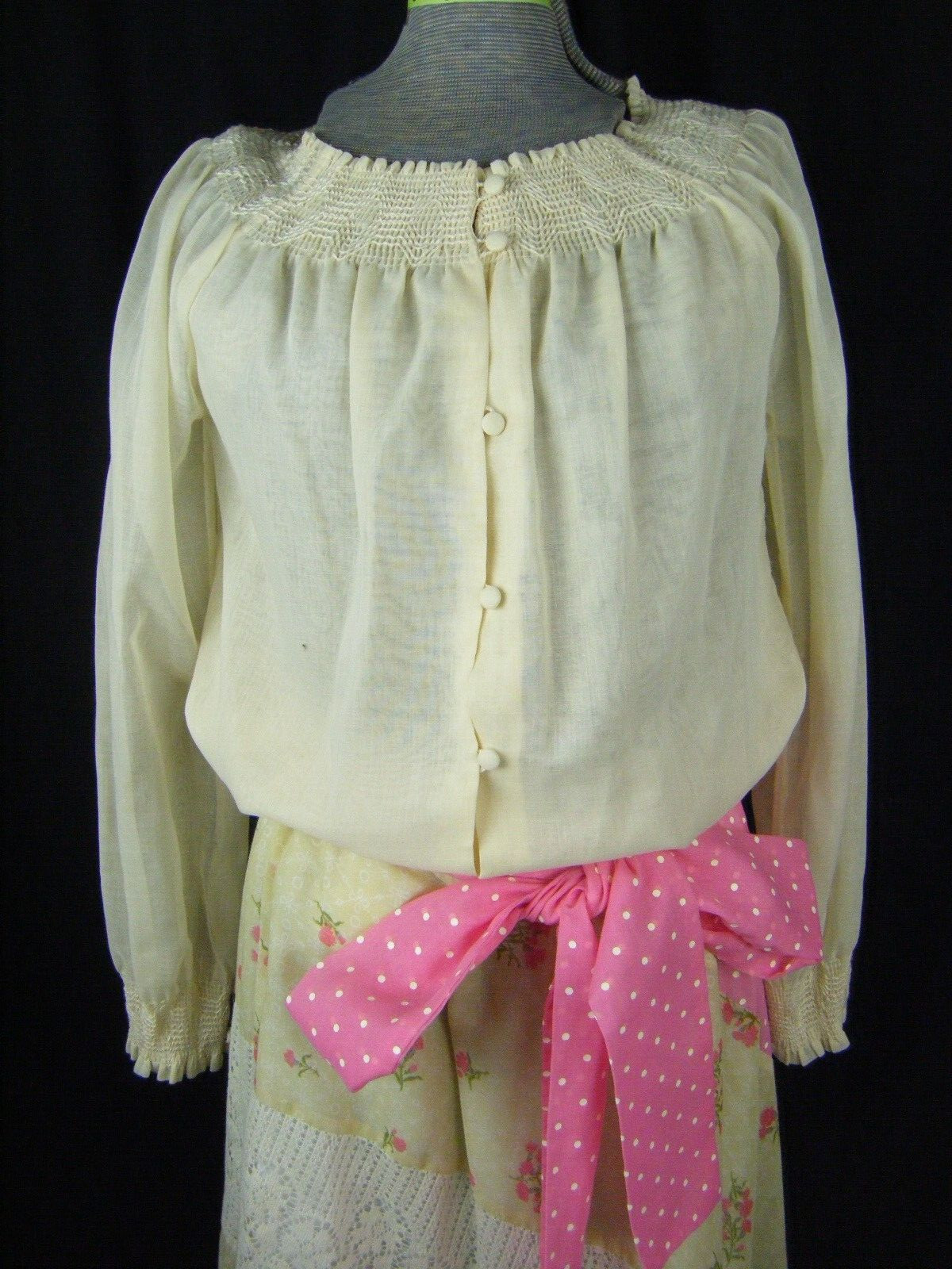 CHESSA DAVIS Vtg 70s Ivory/Pink Romantic Blouse Belt & Skirt-Bust 45/Waist 25-30