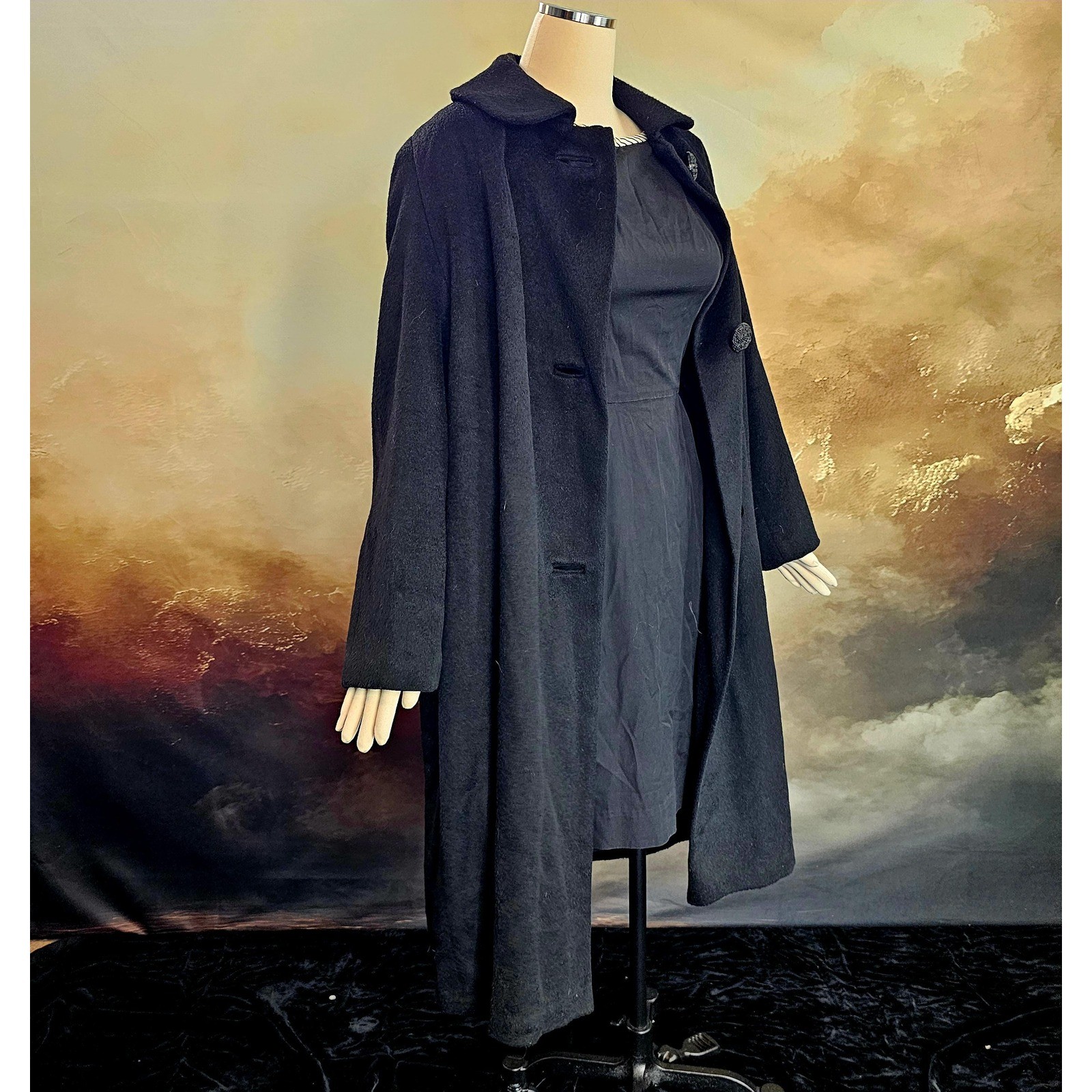Vintage 1950s Swing Coat Jacket Black Wool Collar Buttons Pinup Rockabilly