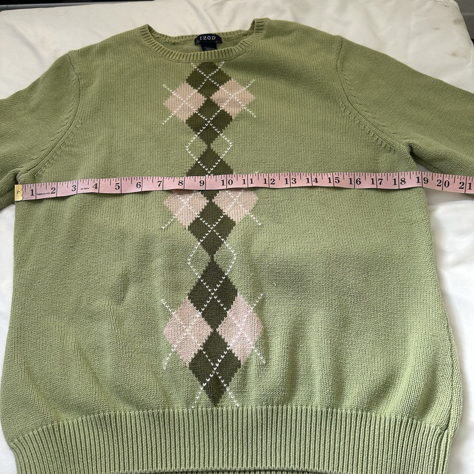 Vintage 90s Izod Light Green Argyle Cotton Sweater Sz L Preppy Tennis Pastel