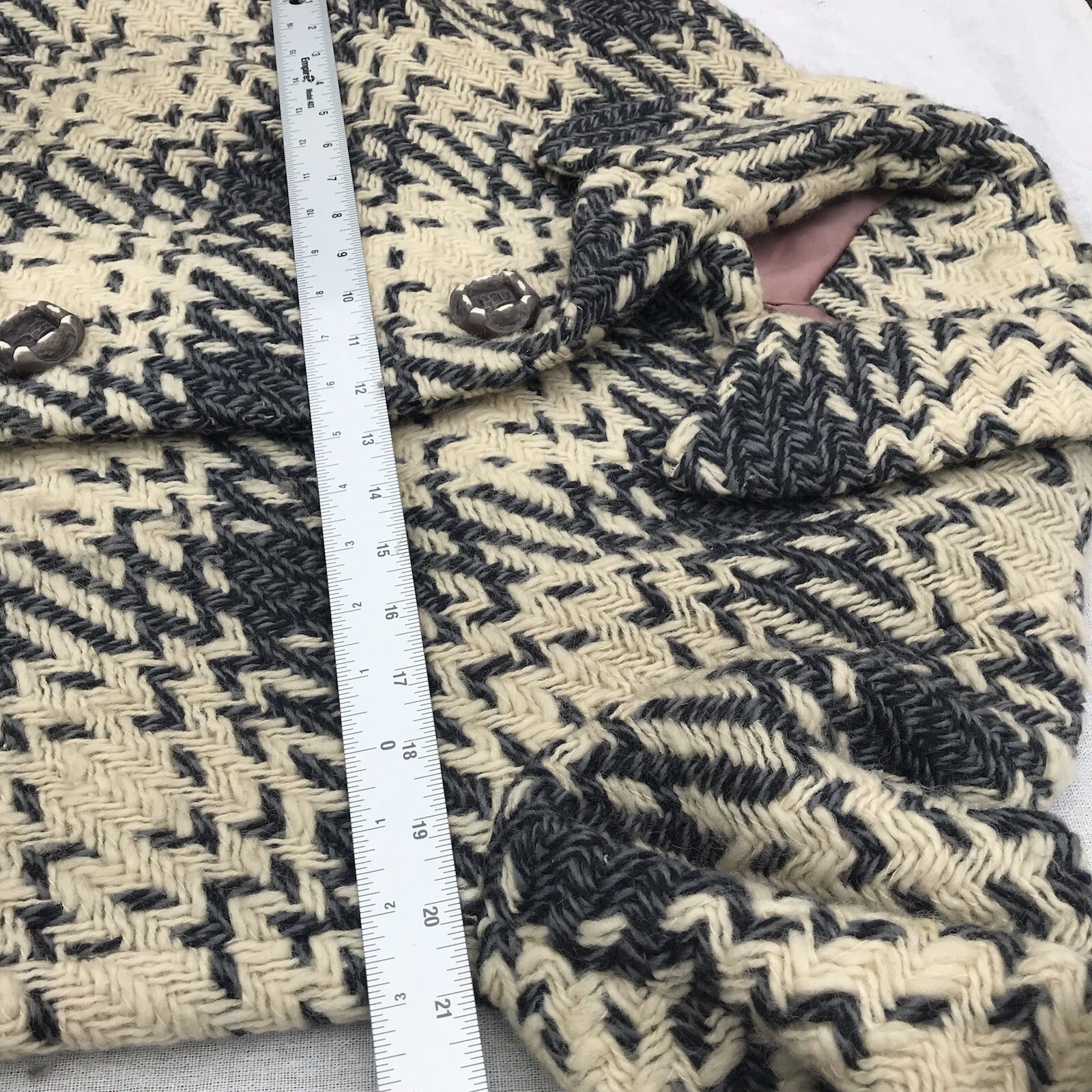 Vtg 50s 60s Woven Wool Women’s Coat Geo Southwestern M L Grey Tan Mod Retro USA
