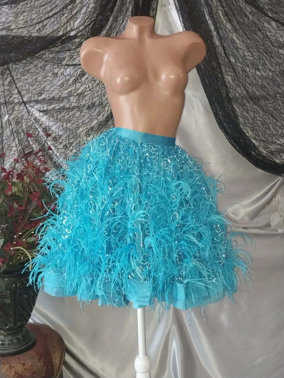 VTG Satin Burlesque Corset SHOW GIRL Skirt Set Drag AVANT La Cage Blue Dress