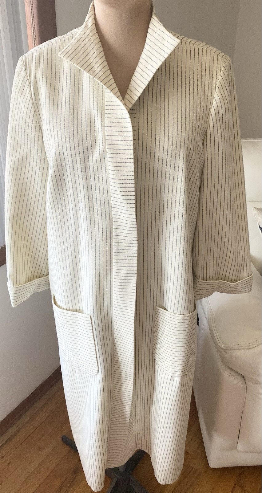 Vintage 60s FRED ROTHSCHILD Duster Coat *Large* Ivory Blue White Striped Spring
