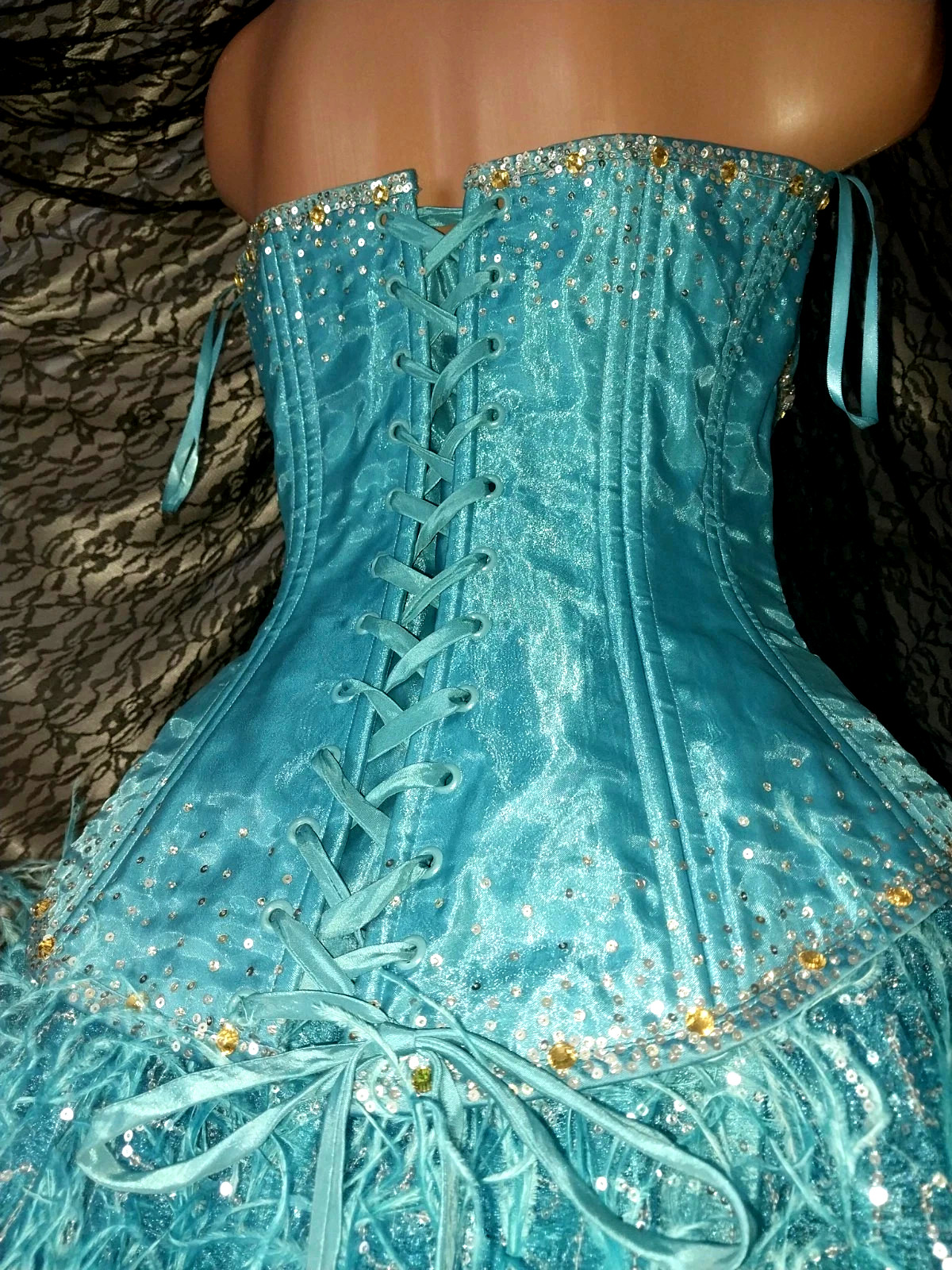 VTG Satin Burlesque Corset SHOW GIRL Skirt Set Drag AVANT La Cage Blue Dress
